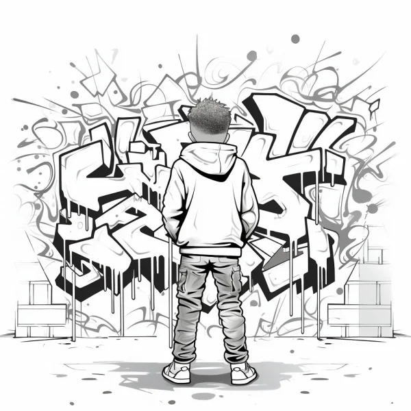 Back view of a boy in hoodie and jeans standing in front of graffiti wall, street art style — free printable street graffiti coloring book page