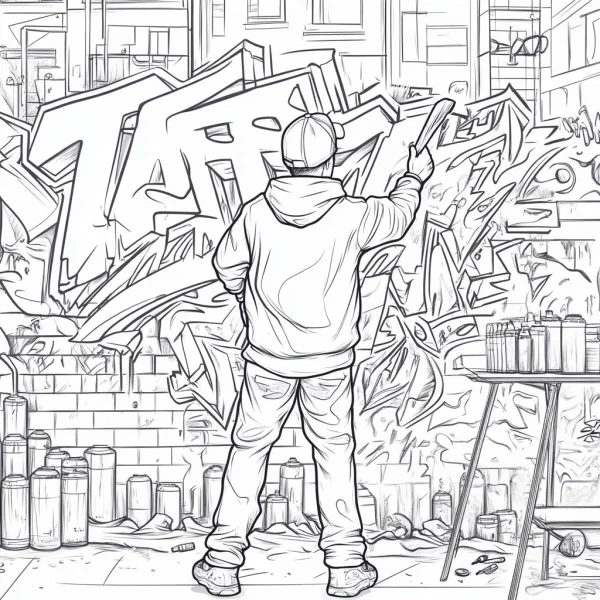 Back view of graffiti artist painting on brick wall, street art graffiti style — free printable street graffiti coloring book page