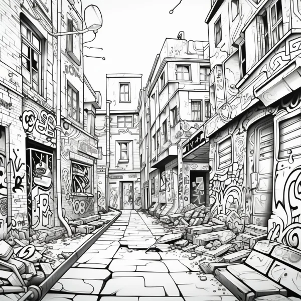 Graffiti-covered urban alley, street art style — free printable graffiti art coloring book page