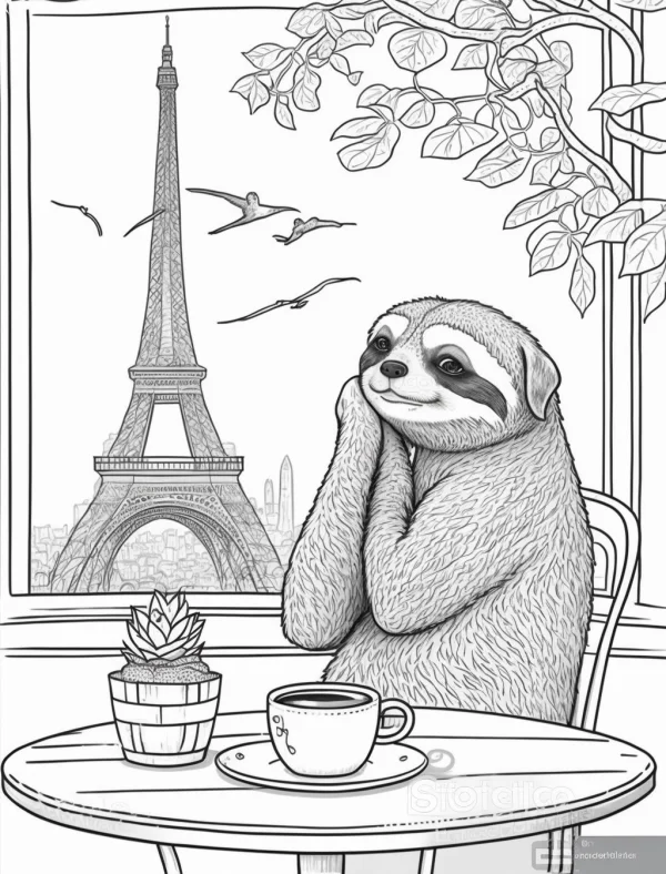 Sloth sitting at a cafe table by the window with eiffel tower view, realistic line art style — free printable urban scenery coloring book page