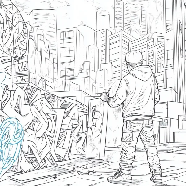 Urban street graffiti artist, city background with tall buildings and graffiti art — free printable street graffiti coloring book page