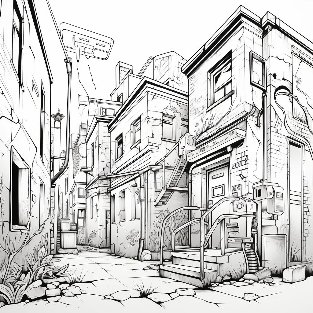Old urban alleyway with weathered buildings, realistic illustration style — realistic style — moderate detail — line art coloring page — for kids and adults of all ages
