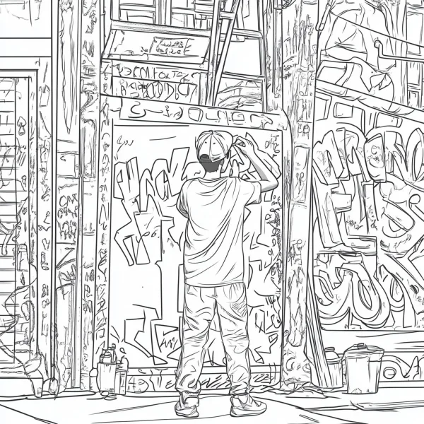 Back view of a graffiti artist painting on a wall, street art graffiti style — free printable street graffiti coloring book page