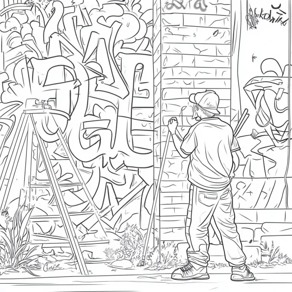 Boy creating graffiti on brick wall, street art and graffiti style — free printable painting coloring book page