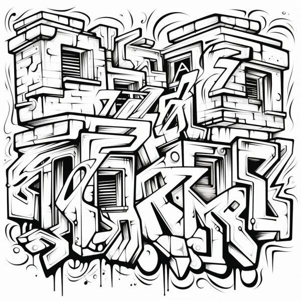 3d building-style graffiti art lettering, street art style — free printable creative art coloring book page