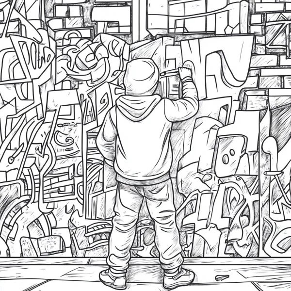 Back view of a street graffiti artist painting on brick wall, graffiti art style — free printable painting coloring book page