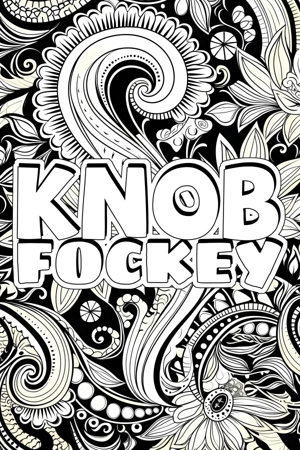 Decorative mandala pattern with bold art text 'knob fockey', art deco style — free printable cultural theme coloring book page