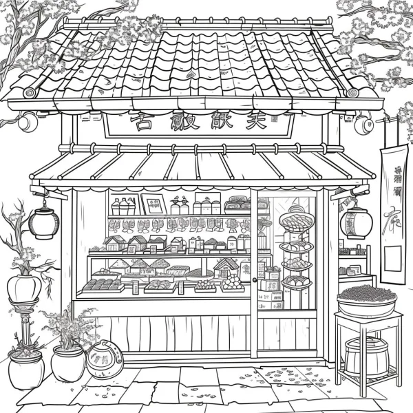 Japanese traditional food shop, japanese style — free printable traditional shop coloring book page