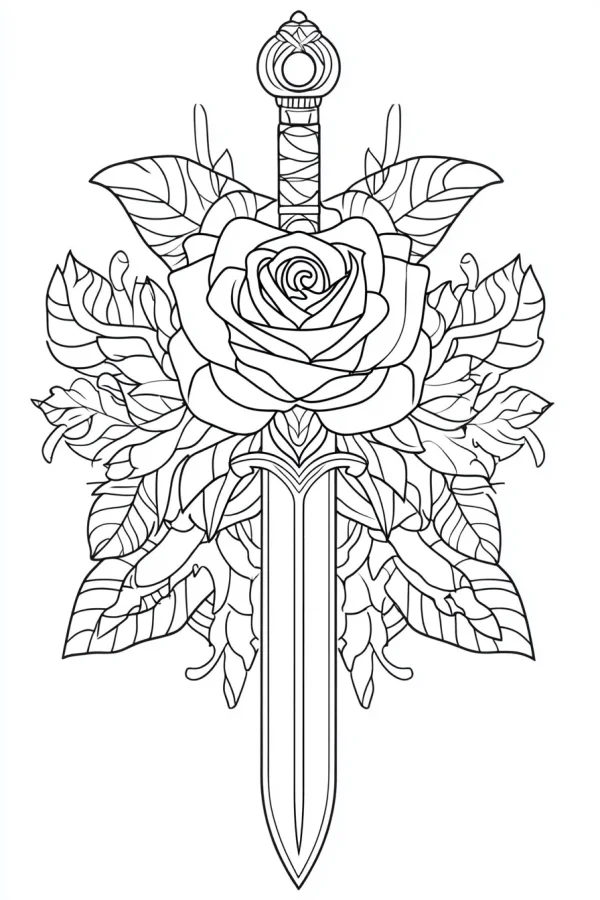 Rose wrapped around a sword, vintage illustration style — free printable weapons coloring book page