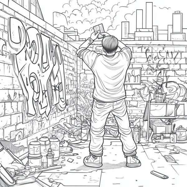 Man creating graffiti on brick wall, street art style — free printable painting coloring book page