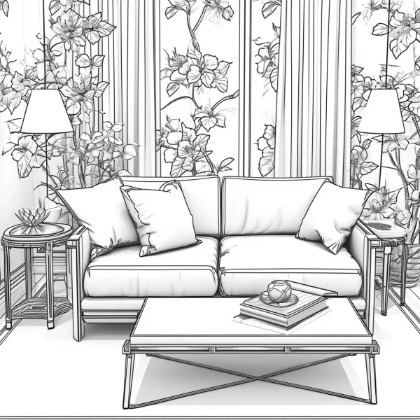 Living room interior scene with sofa, cushions — free printable indoor scene coloring book page