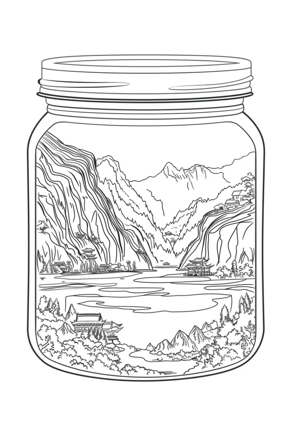 Chinese landscape in a mason jar, chinese style — free printable miniature scenes coloring book page