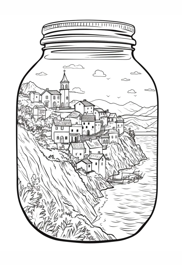 Coastal town inside a glass jar, realistic illustration style — free printable beach town coloring book page