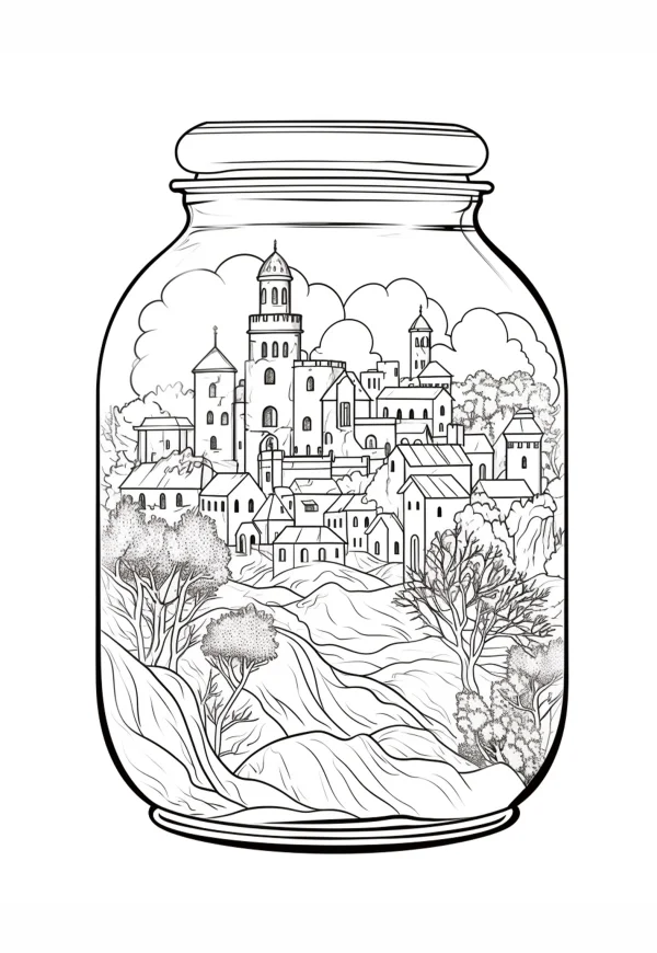 Fairy tale town inside a glass jar, fantasy illustration style — free printable scenes coloring book page