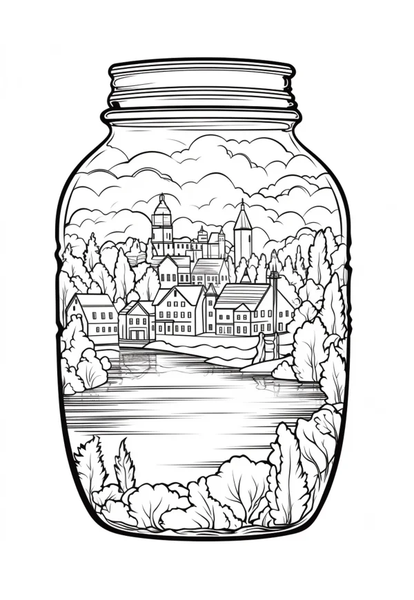 Tiny town landscape inside a glass mason jar, fantasy style — free printable towns coloring book page