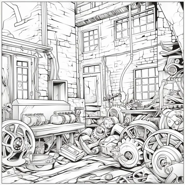 Abandoned alley filled with mechanical parts and gears, realistic sketch style — free printable industrial scene coloring book page