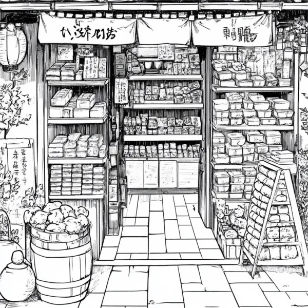 Japanese traditional grocery store, japanese illustration style — free printable street view coloring book page