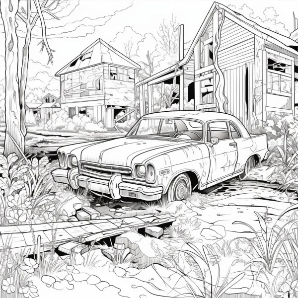 Abandoned vintage car in front of dilapidated houses, realistic sketch style — free printable vintage vehicles coloring book page