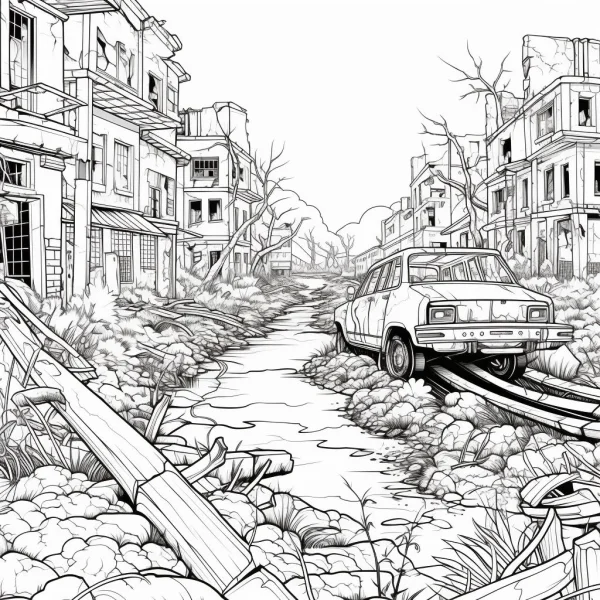 Post-apocalyptic ruined street with abandoned car, realistic illustration style — free printable urban ruins coloring book page