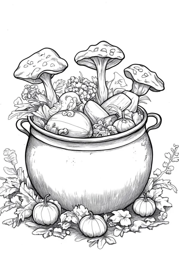 Cauldron filled with mushrooms and pumpkins, sketch style — free printable harvest coloring book page