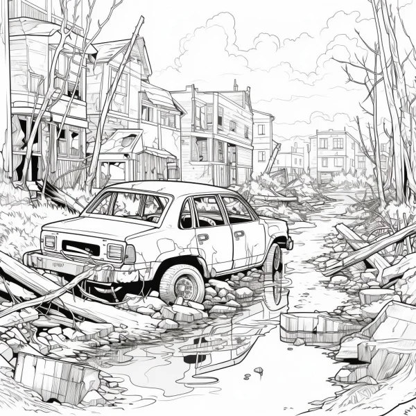 Abandoned car in ruined town, realistic sketch style — free printable disaster coloring book page