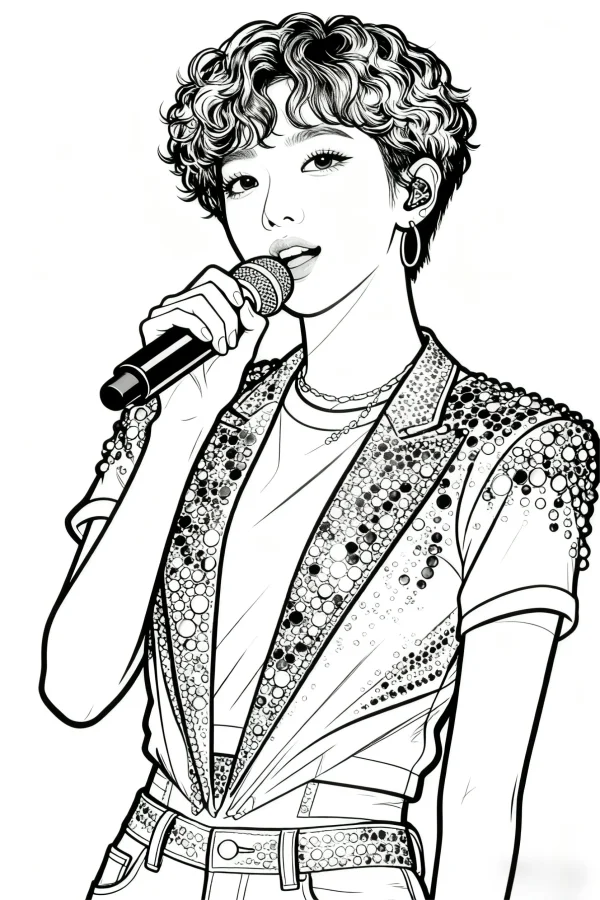 Short curly hair singer holding microphone, anime style — free printable musician coloring book page