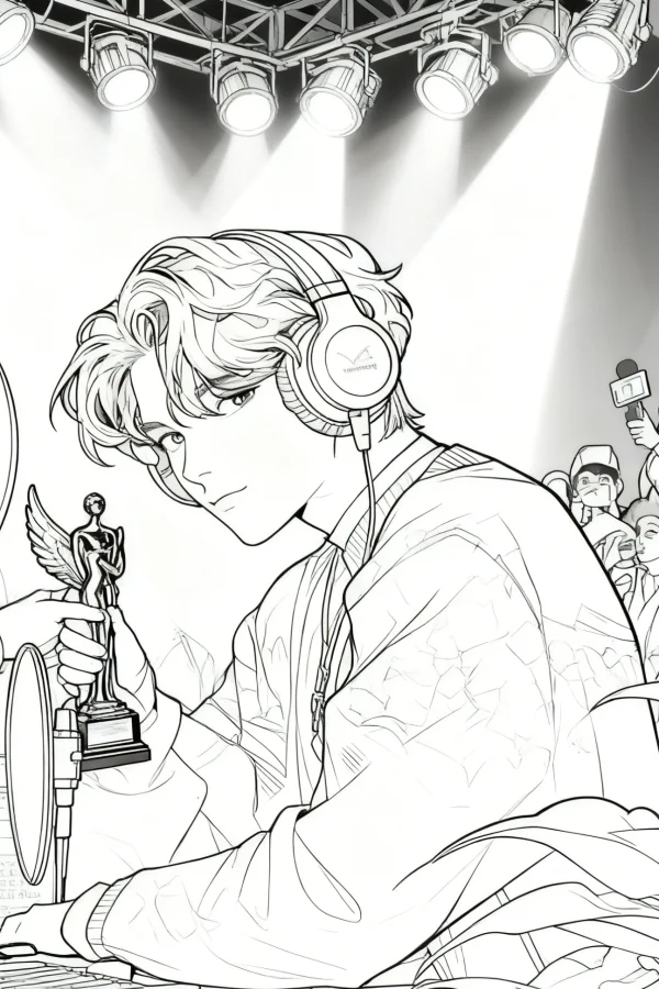 Anime style boy musician with headphones holding a trophy, performing on stage with spotlights — free printable stage coloring book page
