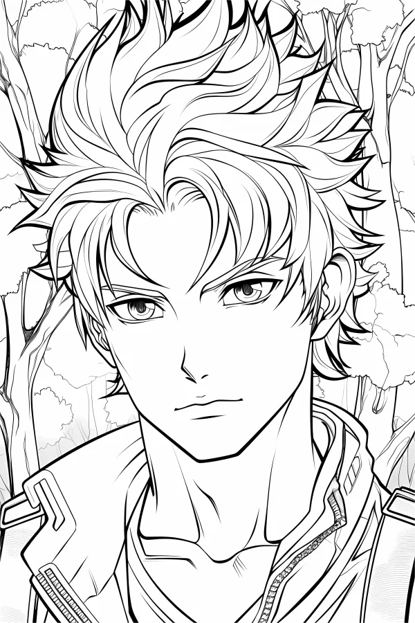 Anime male character with spiky hairstyle, anime art style — free printable anime coloring book page