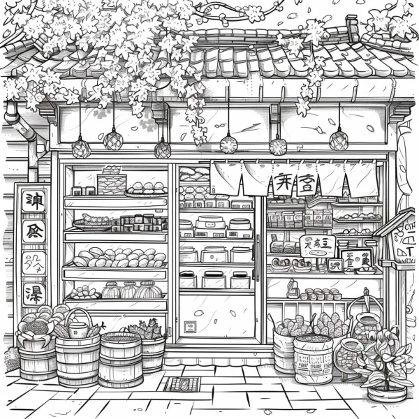 Japanese traditional grocery store, japanese style — free printable street life coloring book page