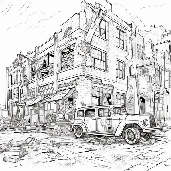 Post-apocalyptic ruined building with old broken car, realistic style — free printable disaster coloring book page