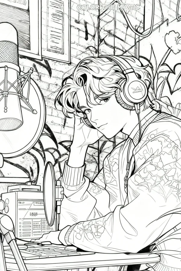 Boy with headphones creating music, anime cartoon style — free printable musician coloring book page
