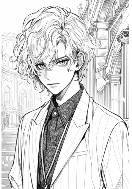 Anime handsome boy with curly hair and ear studs, wearing striped blazer and patterned shirt — free printable anime coloring book page
