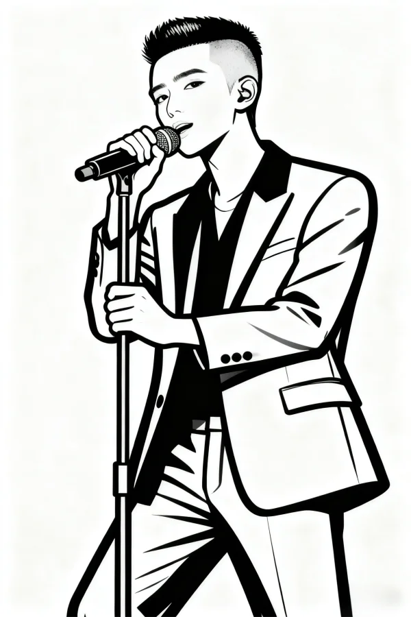 Male singer holding microphone on stand, cartoon style — free printable musician coloring book page