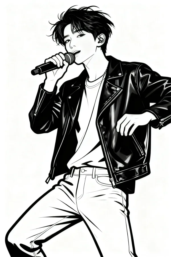 Male singer holding microphone, anime style — free printable idol coloring book page