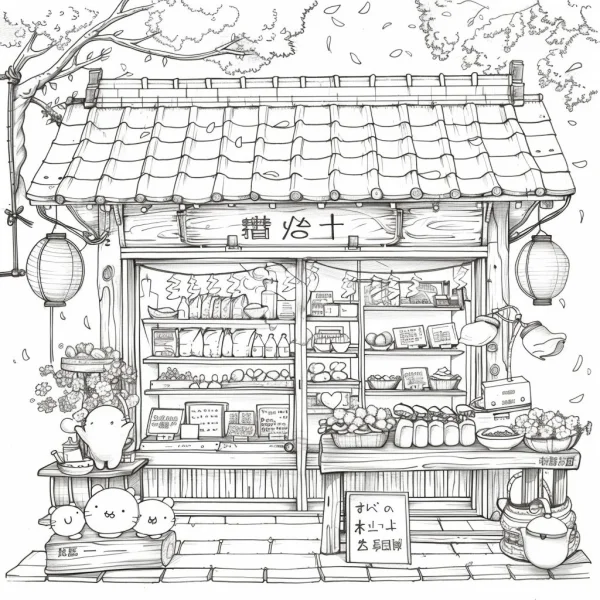 Traditional japanese grocery store, cute chibi chicks — free printable healing coloring book page
