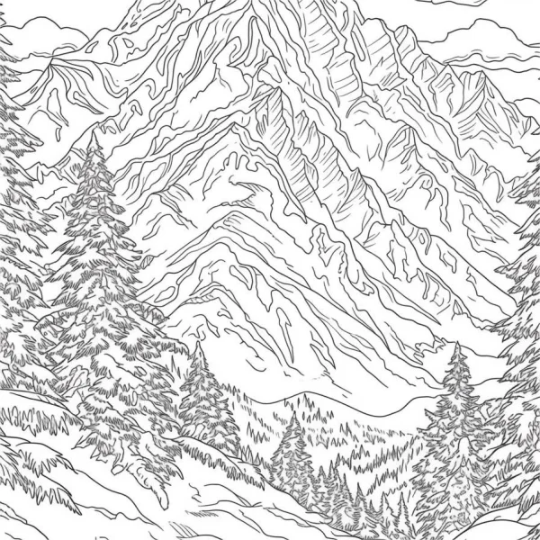 Snow mountain forest landscape, realistic sketch style — free printable mountains coloring book page