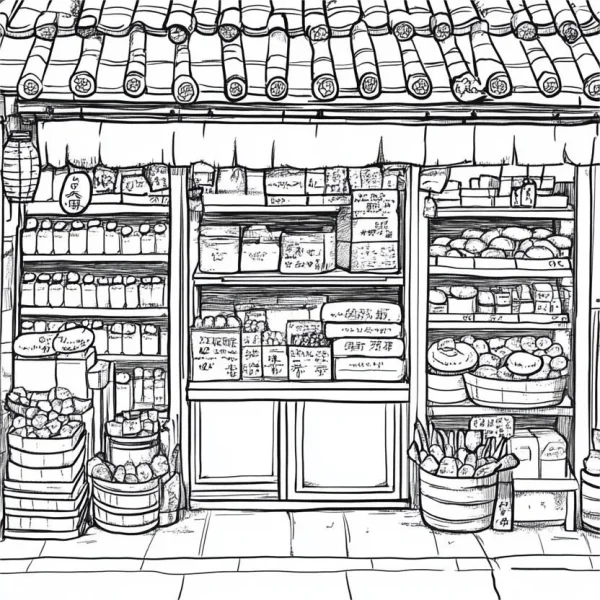 Traditional chinese grocery store, chinese style — free printable street life coloring book page