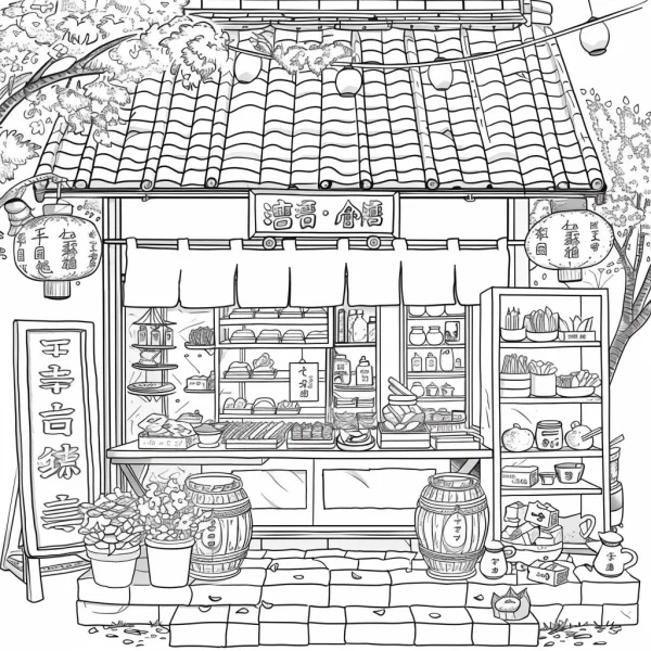 Japanese street grocery store, japanese style — free printable street life coloring book page