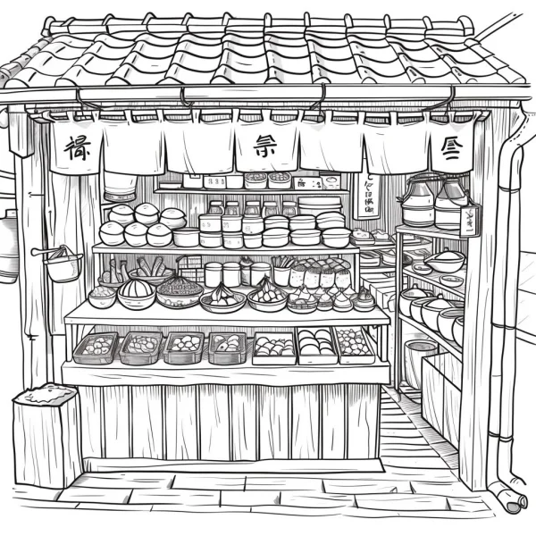 Traditional japanese grocery store stall, japanese style — free printable street life coloring book page