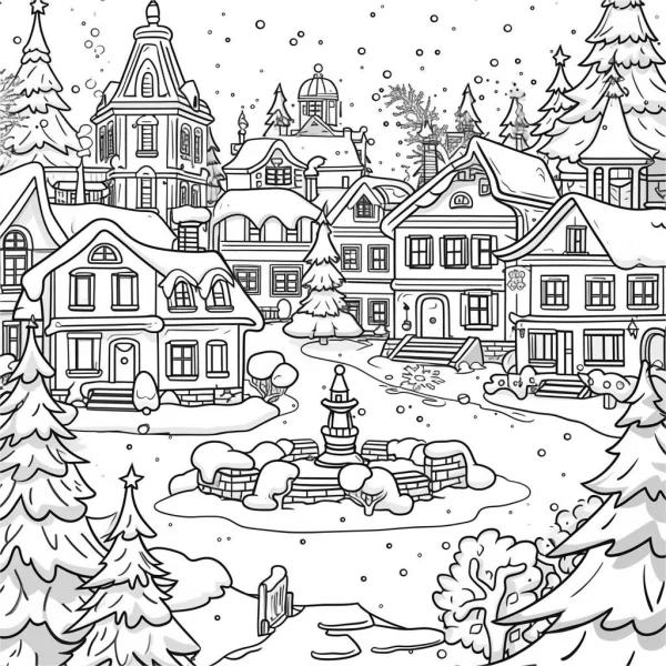 Christmas snowy town scene, cartoon illustration style — free printable town scenery coloring book page