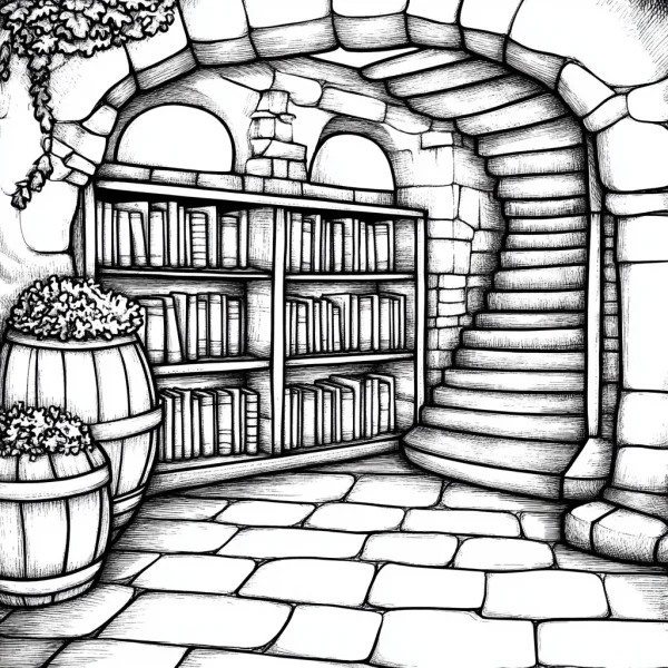 Vintage stone library with bookshelves, wooden barrels and potted plants — free printable indoor scene coloring book page