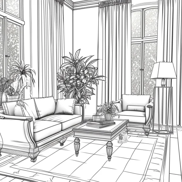 European style living room interior scene, realistic line art — free printable home scene coloring book page