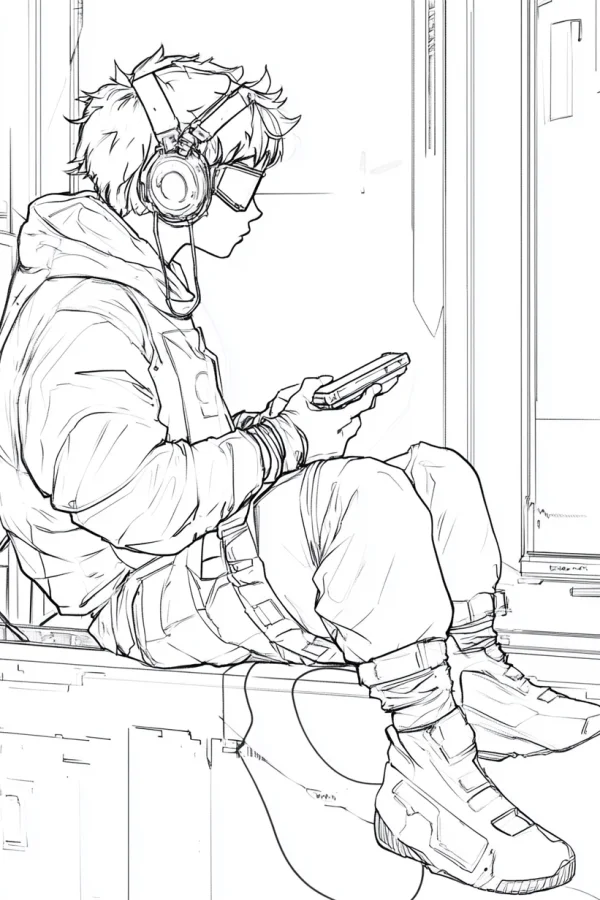 Cyberpunk-style boy with headphones and goggles, sitting on a train carriage — free printable daily coloring book page
