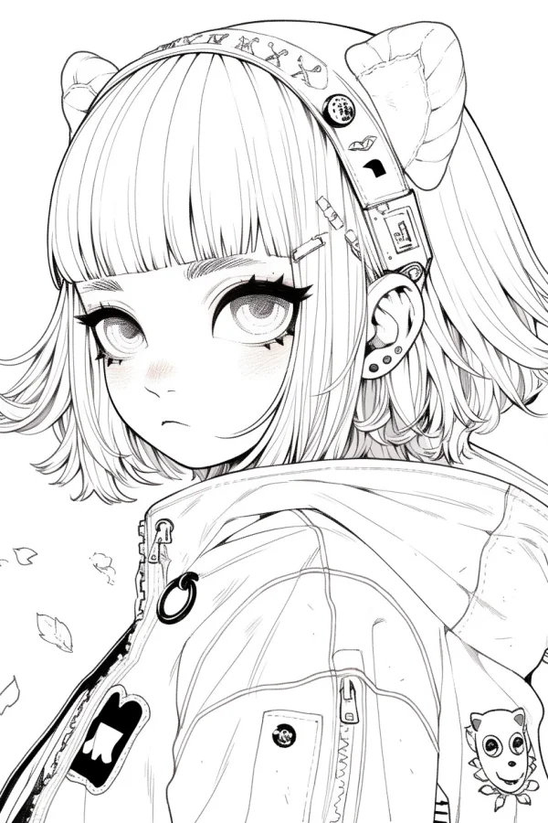 Cyberpunk style short-haired girl with cat ear headband, japanese anime line art — free printable anime coloring book page