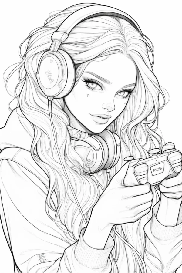 Long-haired girl playing games with headphones and game controller, anime style — free printable girl coloring book page