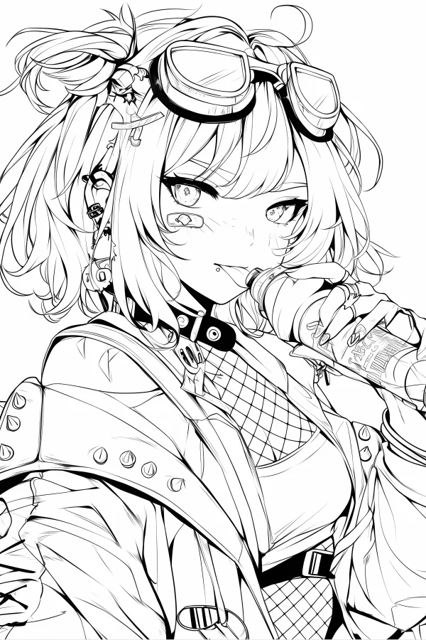 Cyberpunk style anime girl with goggles on head, detailed character design with fishnet top — free printable anime coloring book page