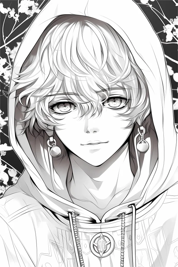Anime boy in hoodie with curly hair and spherical earrings, anime style — free printable anime characters coloring book page