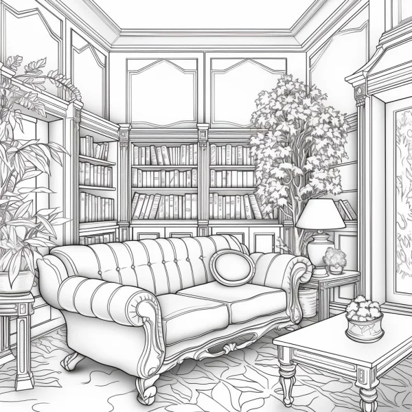 Vintage living room scene with sofa, bookshelves and potted plants — free printable indoor scene coloring book page