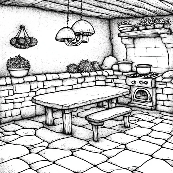 Rustic kitchen scene, realistic sketch style — free printable countryside coloring book page