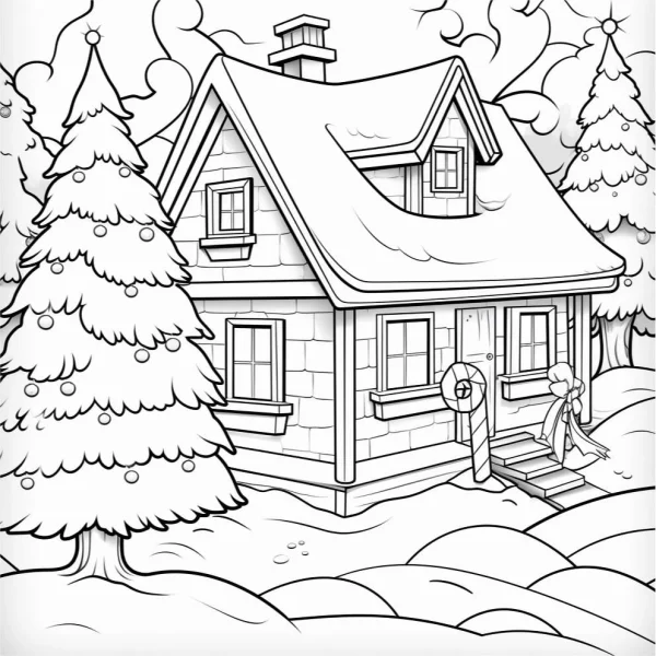 Cozy christmas cottage in snow, cartoon style — free printable residential coloring book page